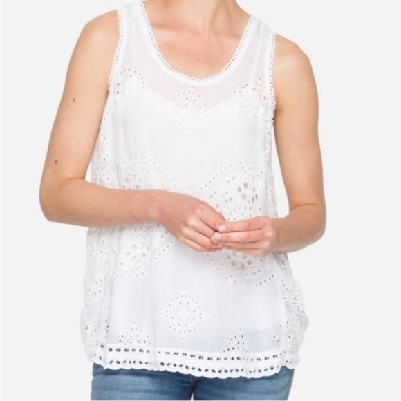 Johnny Was Spear Eyelette Georgette Tank White - Picture 1 of 7